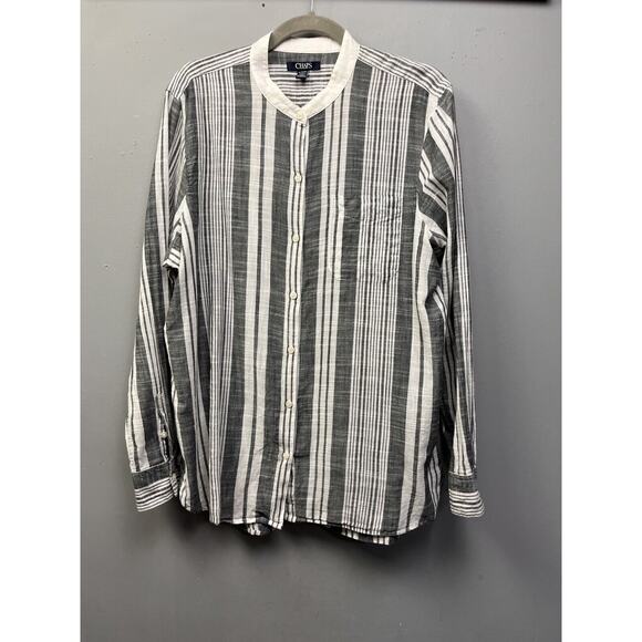 Chaps‎ Button front Blouse Womens XL Gray Striped Lightweight Collarless Pocket - Picture 1 of 7